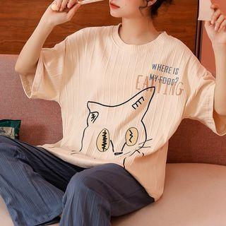 Loungewear Set : Short-sleeve Cat Print Top + Pants