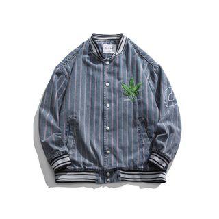 Lettering Leaf Embroidered Striped Baseball Jacket