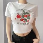Short-sleeve Round Neck Lettering Strawberry Print Cropped T-shirt