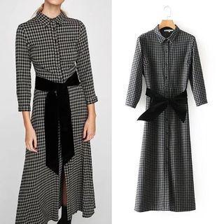 Plaid 3/4 Sleeve Midi Shirt Dress