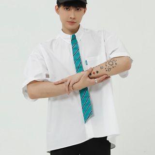Striped Tie-neck Elbow-sleeve Shirt