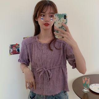 Tie-waist Elbow-sleeve Crinkle Blouse Purple - One Size
