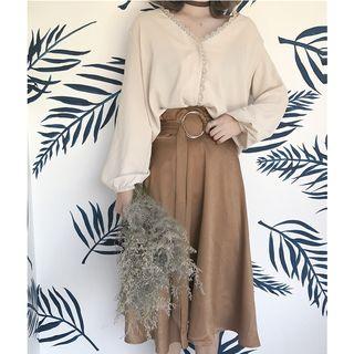 V-neck Lace Trim Blouse / High Waist A-line Skirt