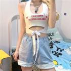 Lettering Lace Up Cropped Tank Top White - One Size