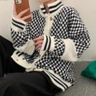 High-neck Striped Panel Chessboard Long-sleeve Knit Jacket Black & White - One Size