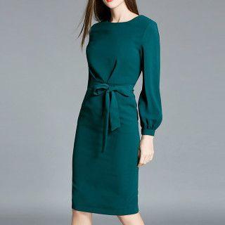 Lantern-sleeve Tie-waist Sheath Dress