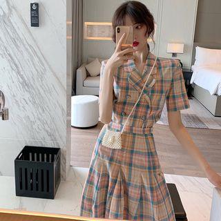Set: Plaid Short-sleeve Double Breasted Top + A-line Skirt