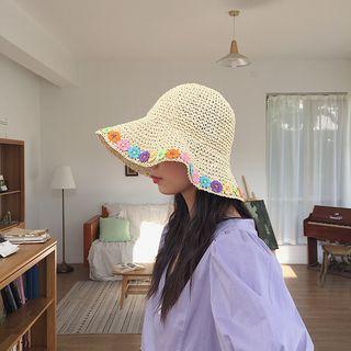 Flower Embroidered Straw Bucket Hat
