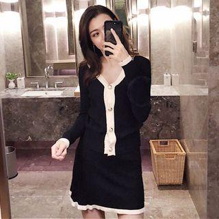 Set: Contrast Trim Cardigan + Mini Knit Skirt