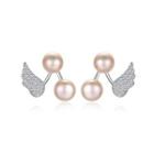 Sterling Silver Fashion Elegant Angel Wings Purple Freshwater Pearl Stud Earrings With Cubic Zirconia Silver - One Size