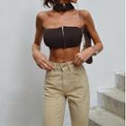 Plain Halter Ribbed Cross-back Cropped Top