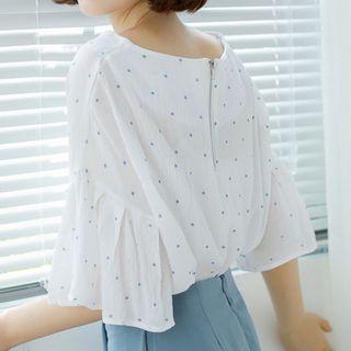 Dotted Flare Elbow-sleeve Blouse