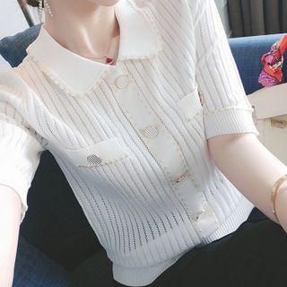 Elbow-sleeve Collared Pointelle Knit Cardigan White - One Size