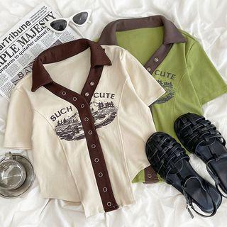 Short-sleeve Contrast Trim V-neck Asymmetrical Hem Top