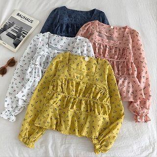 Floral Print Square-neck Ruched Blouse