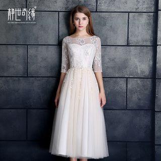 Lace Panel Elbow Sleeve Midi Prom Dress