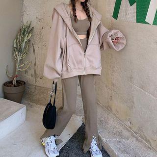 Cropped Tank Top / Front-slit Straight-fit Pants / Hooded Zip Jacket / Set