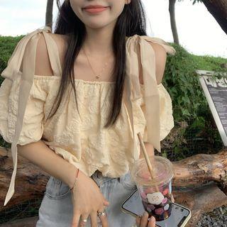 Short-sleeve Cold Shoulder Blouse Almond - One Size