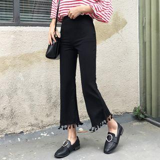 Cropped Fringed-trim Boot-cut Pants