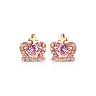 Sterling Silver Plated Rose Gold Fashion Elegant Crown Stud Earrings With Pink Cubic Zirconia Rose Gold - One Size