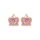 Sterling Silver Plated Rose Gold Fashion Elegant Crown Stud Earrings With Pink Cubic Zirconia Rose Gold - One Size