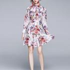 Flower Print Long-sleeve Mini Collared Dress