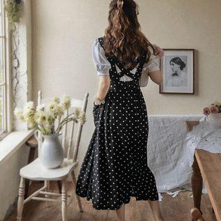 Cross-strap Dotted Long Overall Dress Black - One Size