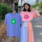 Elbow-sleeve Flower Print T-shirt / Checker Paneled A-line Midi Skirt