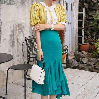 Set: Tie-neck Printed Blouse + Ruffled Skirt