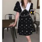 Short-sleeve Collared Floral Print Mini A-line Dress Black - One Size