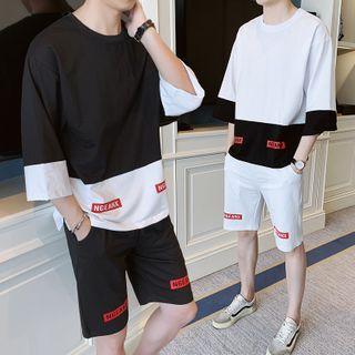 Set: Contrast Color 3/4-sleeve T-shirt + Straight-cut Sweatshorts