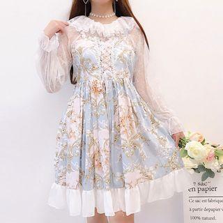 Long-sleeve Lace Top / Floral A-line Pinafore Dress