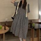 Elbow-sleeve Plaid Dress Black & White - One Size