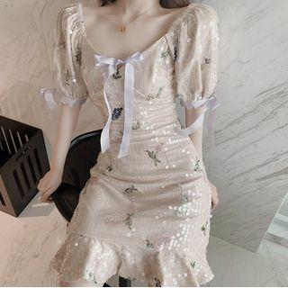 Ruffle Hem Bow-accent Sequined Sheath Dress