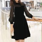 3/4-sleeve Chiffon Panel Mini A-line Velvet Dress