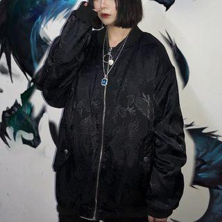 Zip Baseball Jacket Dragon Pattern - Black - One Size