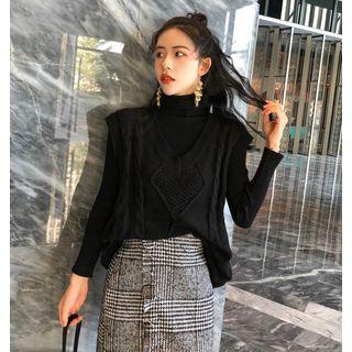 Plain Knit Vest / Plain Turtle-neck Long-sleeve Top / Plaid Skirt / Belt