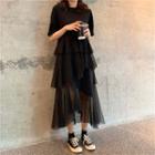 Layered Mesh Panel Midi A-line Dress
