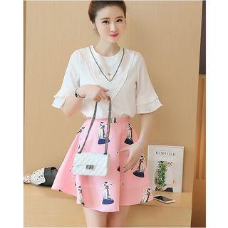 Set: Elbow-sleeve V-neck Top + Print Skirt