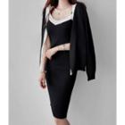 Set: Open-front Contrast-trim Cardigan + Spaghetti-strap Knit Dress Black - One Size