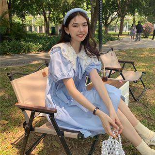 Short-sleeve Embroidered Collar Irregular Smock Dress Blue - One Size