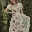 Short-sleeve Flower Print Mesh Midi A-line Dress