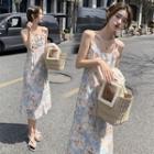 Spaghetti Strap Floral Print Ruffled Chiffon A-line Dress