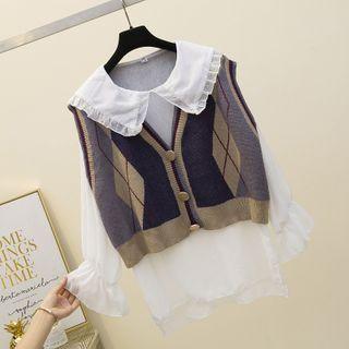 Set: Blouse + Argyle Knit Vest