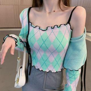 Set : Plaid Wavy Trim Knit Top + Cardigan
