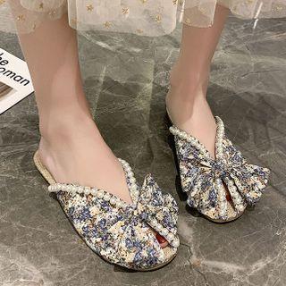 Faux Pearl Floral Print Bow Mules
