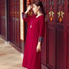 Contrast Cuff 3/4-sleeve Midi A-line Dress