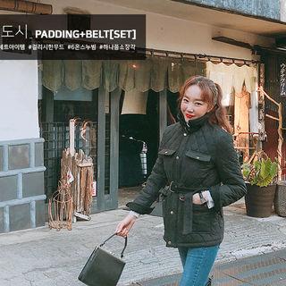 Funnel-neck Belted Quilted Field Jacket