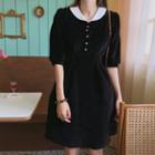 Elbow-sleeve Faux-pearl Velvet Flare Dress Black - One Size
