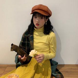 Long-sleeve Mock-neck T-shirt Top - Yellow - One Size